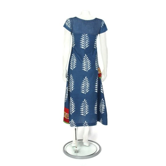 ANORA Blue Batik Leaf Print Mirrored Embroidered Trim India Dress sz L /918 - Picture 3 of 6